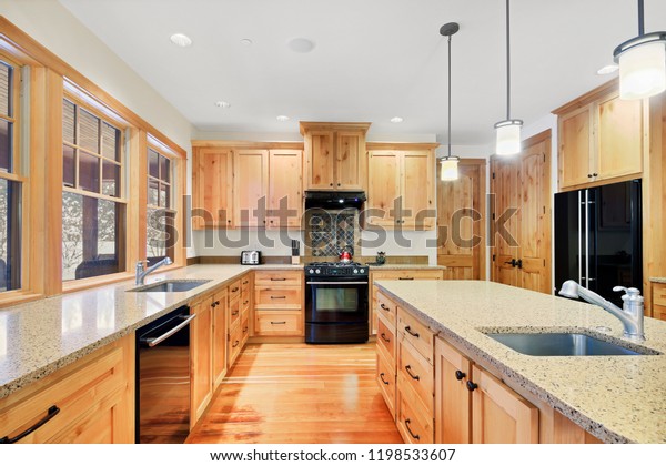 Beautiful Kitchen Light Wood Cabinets Granite Stock Photo Edit