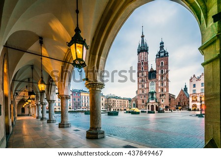 Beautiful Krakow market square, Poland, Europe. Faded colors.