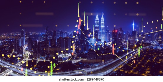 Beautiful Kuala Lumpur skyline at night with financial chart state blend in effect . - Shutterstock ID 1299449890