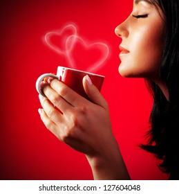 Beautiful Lady Drinking Coffee, Brunette Enjoy Cup Of Hot Chocolate, Side View Cute Girl Isolated On Red Background, Portrait Of Female With Morning Tea, Gorgeous Woman Holding Cappuccino Mug