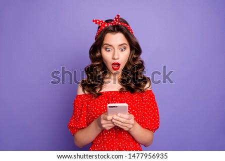 Beautiful lady holding telephone hands wear off-shoulders dress isolated purple background