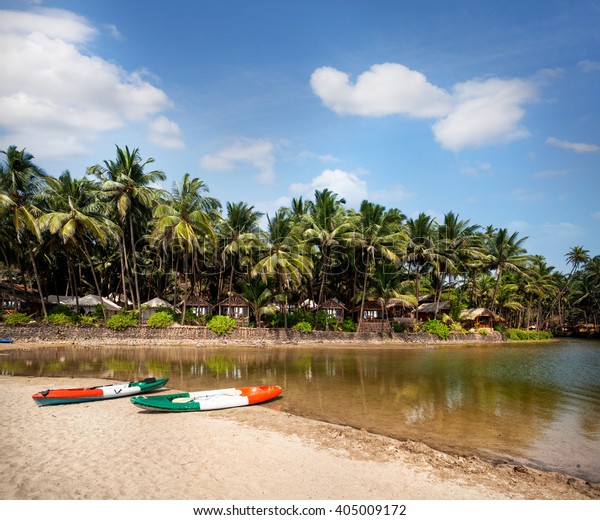 Beautiful Lagoon With Kayak Boats At Cola Beach Resort In Goa, India