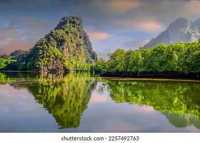 Beautiful lagoon surrounded by wild nature in Phang Nga Bay in Thailand