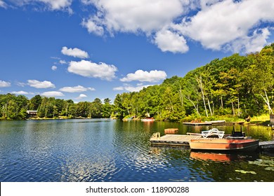 Beautiful lake with docks in Ontario Canada cottage country
