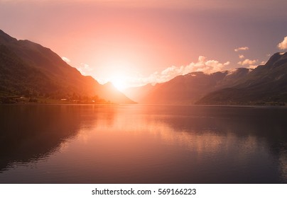 Beautiful lake and forest during sunset landscape nature