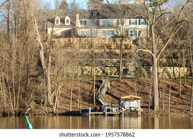 Beautiful Lake House Off Fox River In Appleton Wisconsin Across From Lutz Park In Early Spring