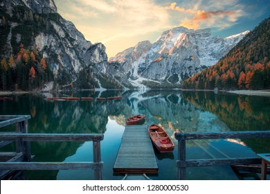 Beautiful lake in the italian alps, Lago di Braies