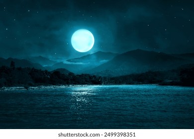 Beautiful lake landscape at night sky with stars and full moon, Nature background - Powered by Shutterstock