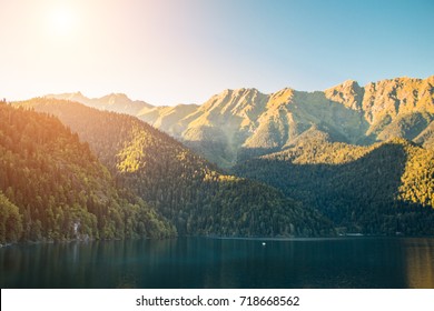Beautiful lake ritsa in Abkhazia. Landscape of the mountains of the forest and the lake