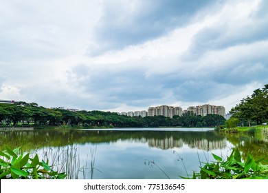 Beautiful lake view of Punggol Park in Singapore, garden side of river, Punggol Park with blue sky and nice cloud