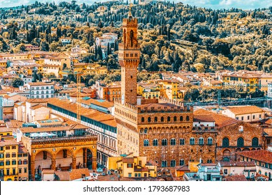 Beautiful landscape above- Palace Vecchio (Palazzo Vecchio) in Piazza della Signoria, built in 1299-1314 ,one of the most famous buildings of the city. Italy.