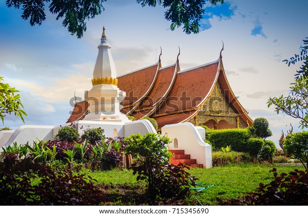 Beautiful landscape and architecture at Wat\
Sirindhorn Wararam Phu Prao, public temple in Ubon Ratchathani,\
Thailand, nearby Chong Mek\
border.