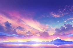 Beautiful Landscape Background Sky Clouds Sunset Oil Painting View Wallpaper Landscape Light Colours Purple Anime Style Magic And Colorful