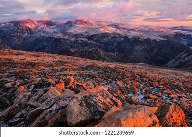 Beautiful landscape of  Beartooth Pass. Shoshone National Forest, Wyoming, USA. Sunrise scene. - Shutterstock ID 1221239659