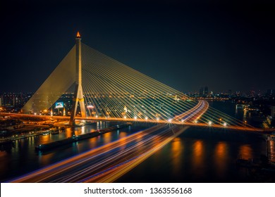 Beautiful landscape of Big Suspension bridge in Bangkok,Thailand. Rama VIII bridge at twilight time.