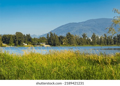 Beautiful Landscape Of A Blue Water Pond, Lake With Forest And Mountains In British Columbia, Canada. Nobody, Copy Space For Text