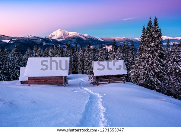 Beautiful Landscape Cabins Winter Mountains On Stock Photo Edit