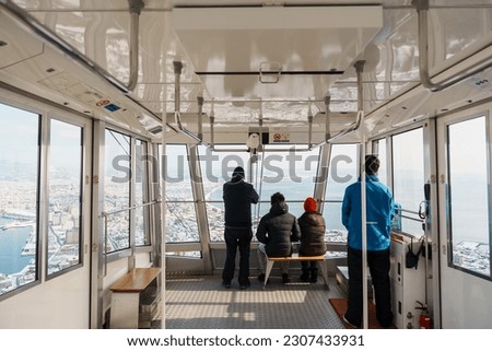 Beautiful landscape and cityscape from Hakodate Mountain ropeway with Snow in winter season. landmark and popular for attractions in Hokkaido, Japan.Travel and Vacation concept