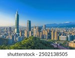 Beautiful landscape and cityscape of taipei 101 building and architecture in the city skyline with bluesky and white cloud at Taiwan