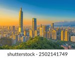 Beautiful landscape and cityscape of taipei 101 building and architecture in the city skyline at sunset time in Taiwan