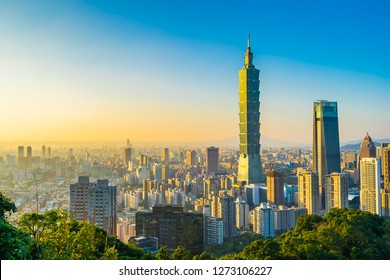 Beautiful landscape and cityscape of taipei 101 building and architecture in the city skyline at sunset time in Taiwan