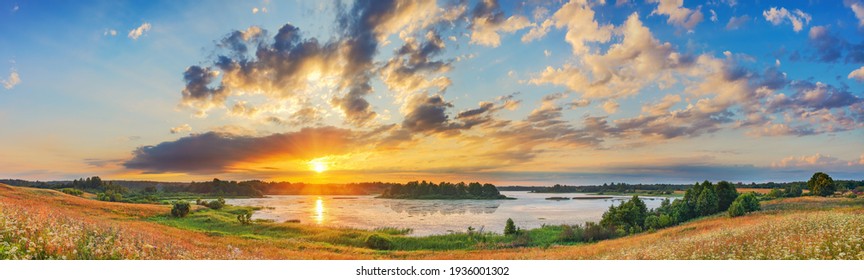 Beautiful Landscape With Colorful Sunset Over Forest Lake