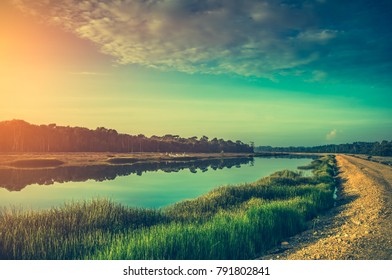 Beautiful Landscape Of Emerald Green Sky With Sunlight And Along The Riverside Road. Serenity Nature Background. Outdoors On Summer Day. Cross Process And Vintage Film Filter Effect.