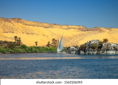 Beautiful Landscape With Felucca Boat On Nile River Near Aswan, Egypt