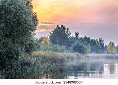 beautiful landscape of foggy sunrise on a forest lake in early autumn golden hour