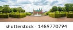beautiful landscape with fountain and magical incredible gardens and park Frederiksborg slot Castle near Copenhagen. Hillerod, Denmark. Exotic amazing places. Popular tourist atraction.