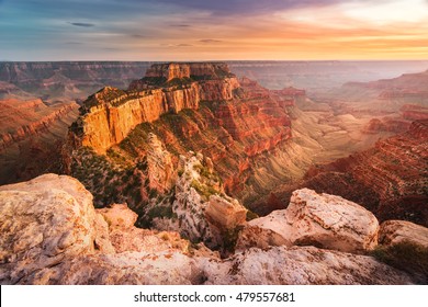 Beautiful landscape of Grand Canyon National Park - North Rim, Arizona, USA. Beautiful sunset at Grand Canyon National Park in summer. Cape Royal.