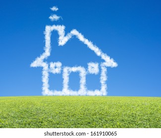 Beautiful Landscape With Green Meadow, Clean Blue Sky And Dream Cloud House