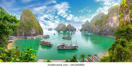 Beautiful landscape Halong Bay view from adove the Bo Hon Island. Halong Bay is the UNESCO World Heritage Site, it is a beautiful natural wonder in northern Vietnam - Shutterstock ID 1415343002