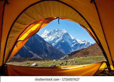 Beautiful landscape of Himalaya mountains through the tent