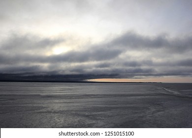 Beautiful Landscape With Ice In Pärnu Bay, Estonia. Ice Fishing