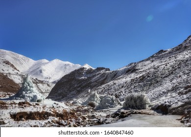 A Beautiful Landscape Of Ice Stupa In The Leh Valley. 