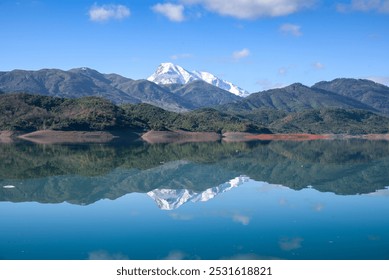 Beautiful landscape of lake and reflection of blue sky, clouds and mountains on surface of lake, Panoramic view of lake and snow-covered mountain and Forest trees calm in Jijel Algeria North African. - Powered by Shutterstock