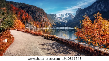 Beautiful landscape mountain forest lake. Amazing autumn view of Grundlsee alpine lake. Great autumn background for design. Colorful scenery in alps. Popular travel and hiking destination. 