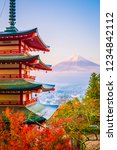 Beautiful landscape of mountain fuji with chureito pagoda around maple leaf tree in autumn season at Yamanashi Japan