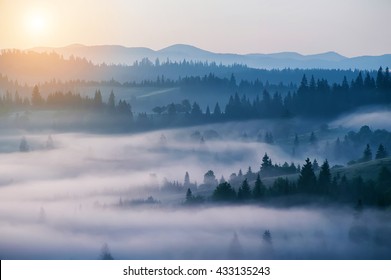 beautiful landscape with mountain view and morning fog on sunrise.  natural summer background