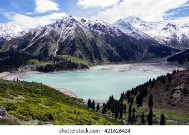 Beautiful landscape in the mountains of Trans-Ili Alatau. Big Almaty Lake in the spring. Kazakhstan.