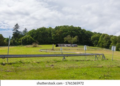 Beautiful Landscape In Clécy (Normandy, France). Steel Rail Toboggan Run Installation On A Natural Hill (Clécy Gliss). Fun Activity That Looks Like A Roller Coaster. June 22 2020.