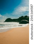 Beautiful landscape with ocean view and blue sky on the beaches of Tayrona Park. Santa Marta, Colombia.