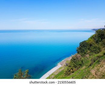 Beautiful Landscape Overlooking Coastline Sea. View From Above. Black Sea In Batumi In Sunny Summer Day. Beauty In Nature. Scenic Natural Wallpaper