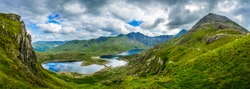 Beautiful Landscape Panorama Of Snowdonia National Park In North Wales. UK