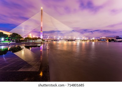 The Beautiful Landscape photo Rama 8 Bridge at night in Bangkok and Chao Phraya River.Thandland