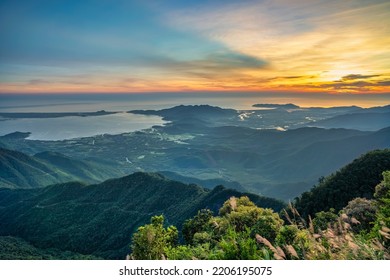BEAUTIFUL LANDSCAPE PHOTOGRAPHY OF LOC TIEN WARD AND CHAN MAY BEACH, VIEW FROM TOP OF BACH MA NATIONAL PARK IN HUE, VIETNAM - Shutterstock ID 2206195075