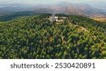 Beautiful Landscape of Pine Trees. Aerial View New England Fire Tower Fall Foliage Autumn Season.