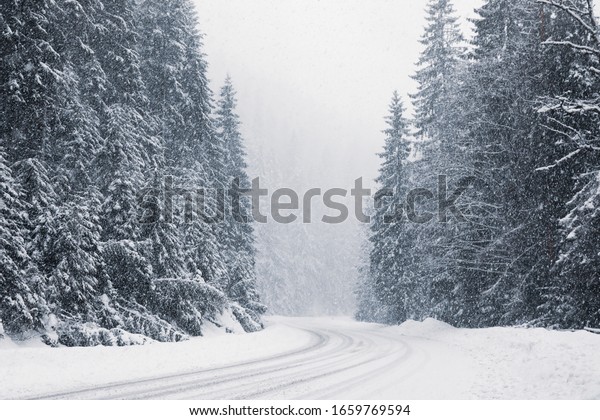 Beautiful landscape with road and conifer forest on\
snowy winter day