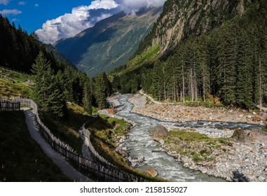 Beautiful Landscape with Ruetz River in Stubaital. Flowing Mountain Stream with Austrian Nature in Tyrol during Sunny Summer Day.
